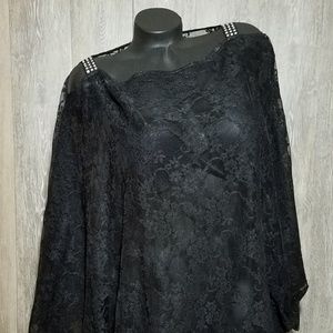 Batwing Black Lace Long Top ~Swrk. Crystals Straps